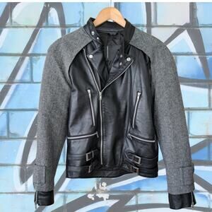 SONS OF HEROES Mens Black Leather Motorcycle Jacket Tweed Overlay Medium Biker